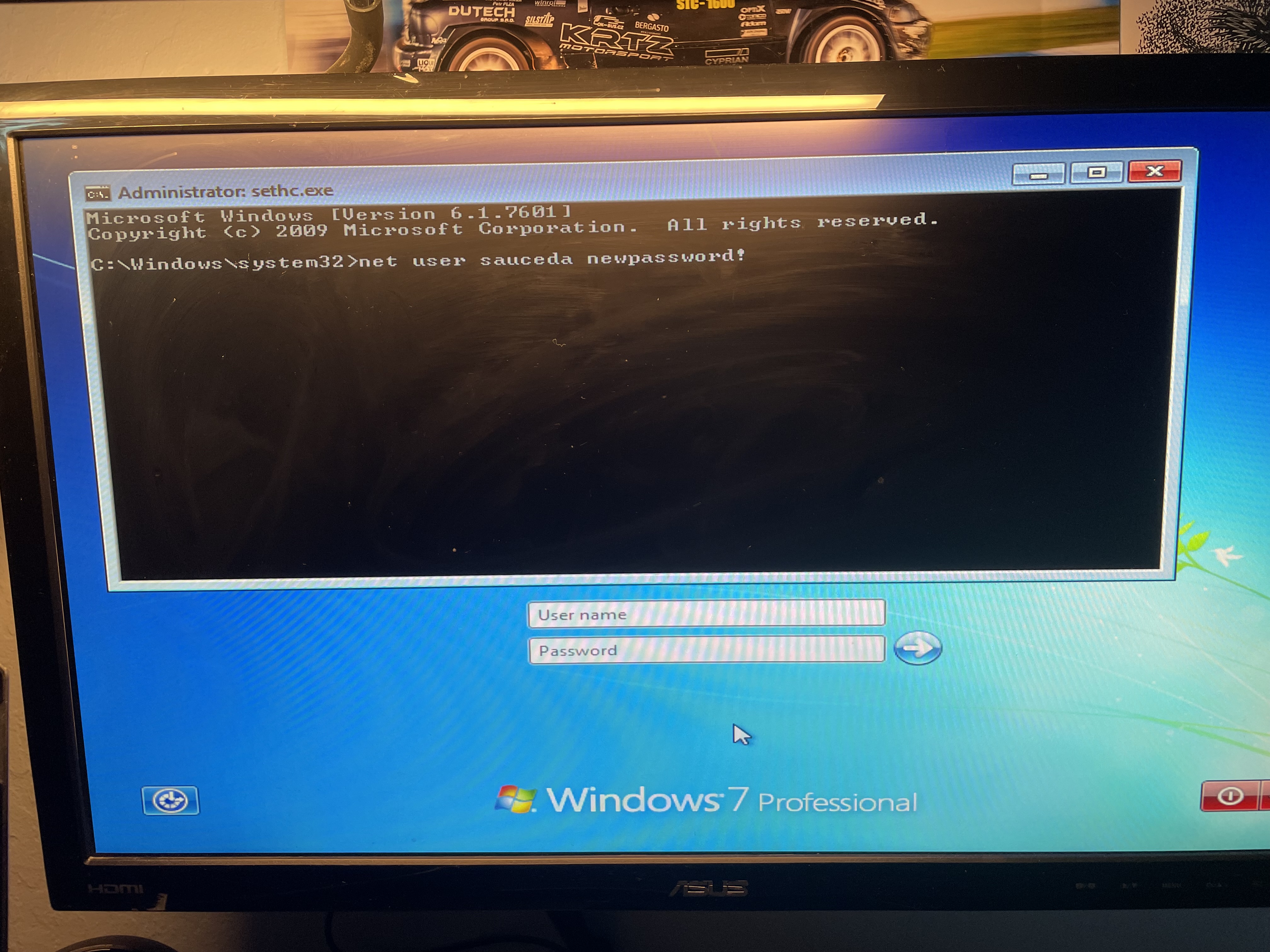 using net user to change the password